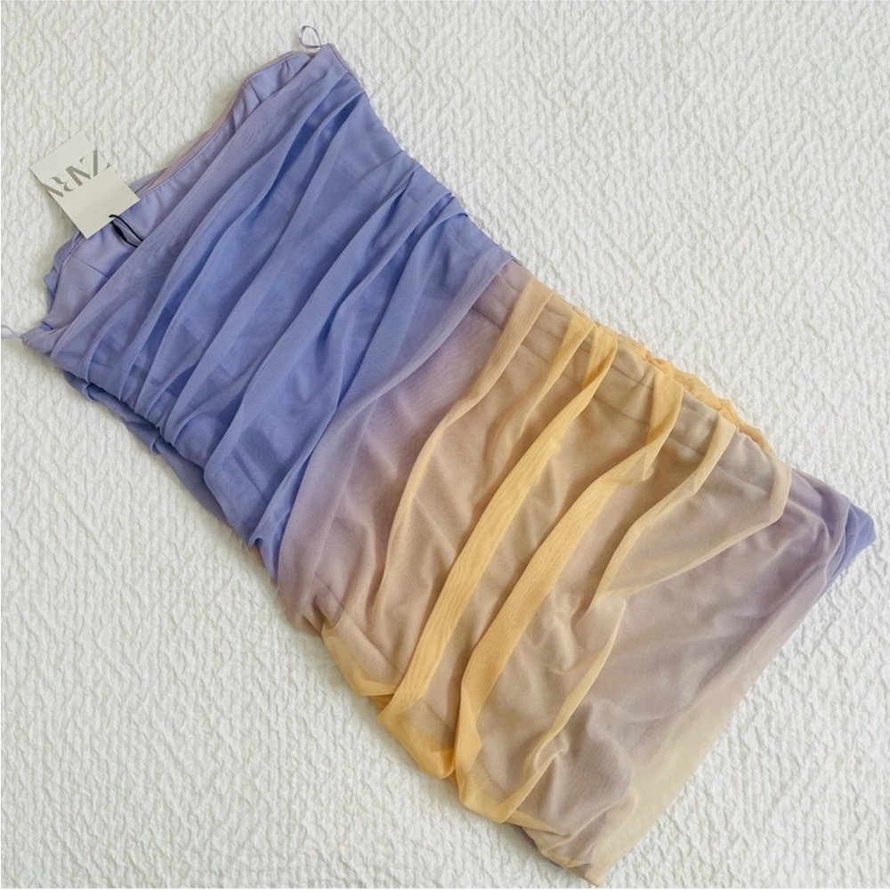 ZARA Strapless Tulle Dress Ombre Mesh Strapless Mini XL Purple Ruched Bodycon - Picture 3 of 10